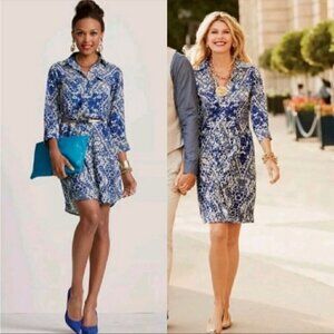 Cabi Printed 3/4 Sleeves Shift Shirtdress Blue Cream S business casual preppy